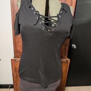 Women's Black Lace-Up Cold Shoulder Top